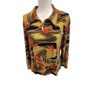 Vintage 70s Long Sleeve Green Orange Half Zip Shirt L Dagger Collar Disco